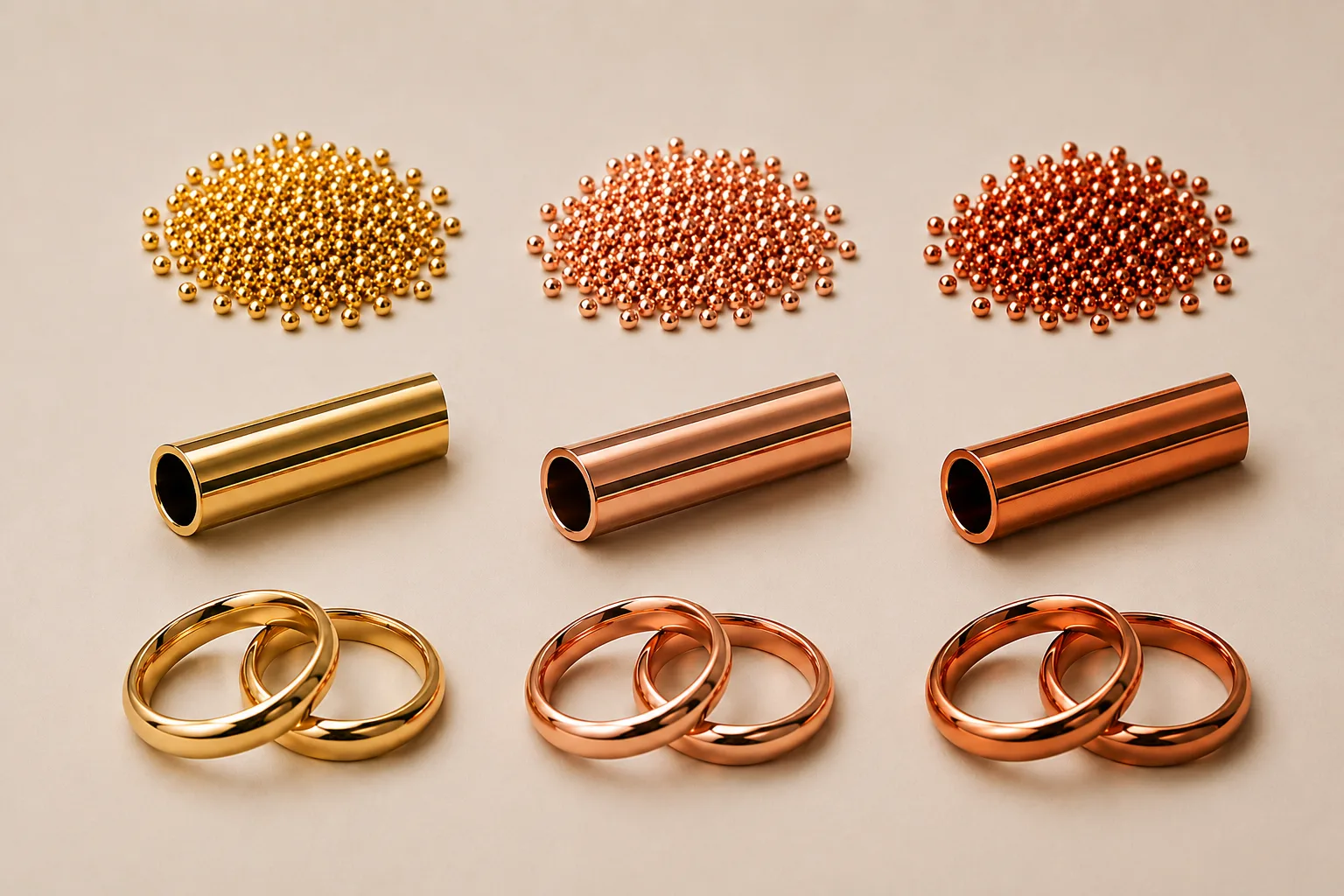 Vergleich von Gelbgold, Roségold und Rotgold mit Metallgranulat, Ringrohlingen und Trauringen